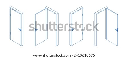 Set of doors in closed and open position. Hinged door open in left and right direction. 3D isometric illustration. Line style.