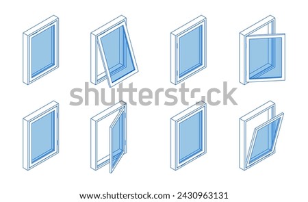 Set of closed and open windows. Hinged window open in left, right, up, and down direction. 3D isometric illustration. Line style. 