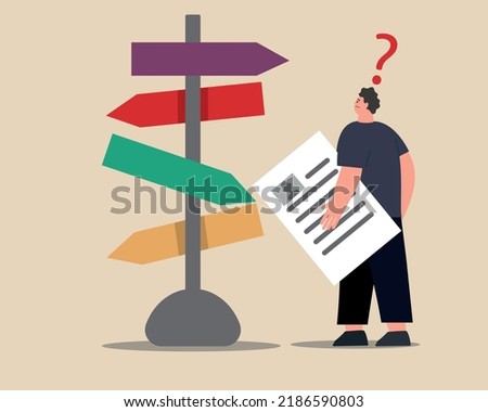 Business decision making, career plan, work direction or choose the right one for success concept, comparing looking at various road signs with question mark and thinking which way to go.