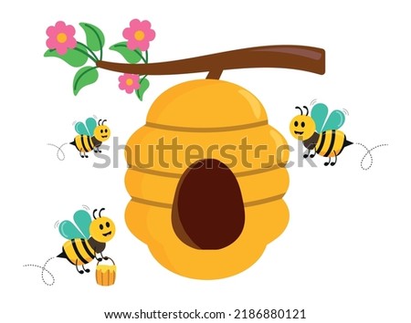 Bees flying around a beehive. Vector illustration.