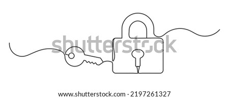 Padlock with key. Continuous line drawing. Vector illustration.