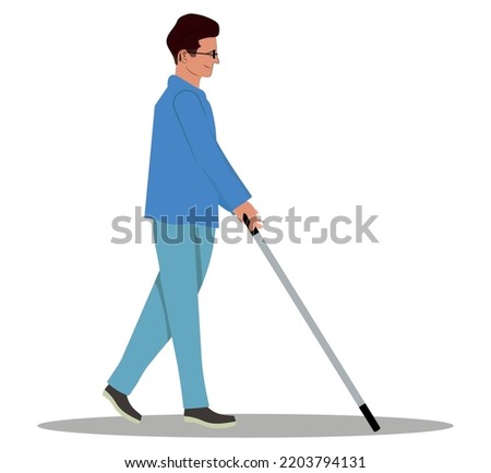 Young blind Caucasian man in dark glasses with a walking cane, flat cartoon vector illustration isolated on white background. Flat cartoon blind man walking with a stick, blindness disability concept.