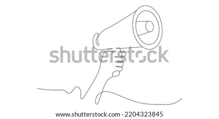 Megaphone announcement, One continuous single line drawing of hand hold horn isolated on white background.