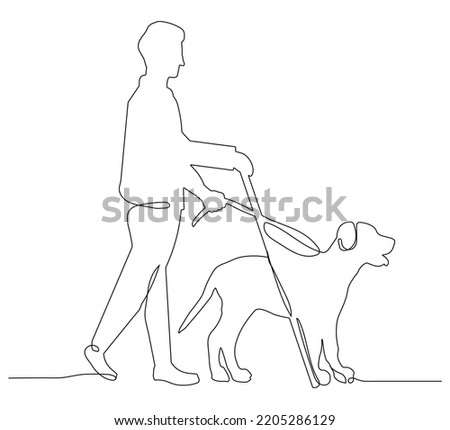 Blind man and guide dog in one line art style.