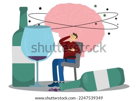 man with severe hangover after drinking alcohol. Alcoholic person. Addiction, health problem, bad habit concept.