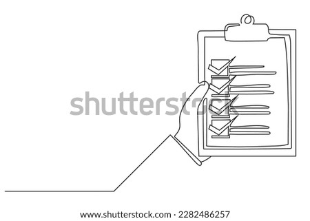 Continuous one line drawing clipboard in hand doctor. Doctor takes notes in clipboard. Medical report background. Patient care check list template. Single line draw design vector graphic illustration.