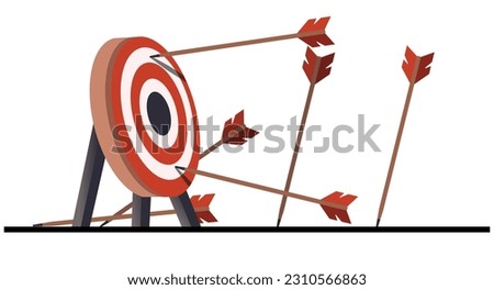 Many arrows missed the target mark. Missing shot. Several inaccurate failed attempts to hit the archery target. Business challenge failure metaphor. Flat cartoon isolated vector object illustration