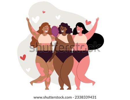 concept of love for one's own body, three women happy with their own body. girl power or international women's day vector illustration.