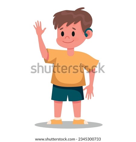 Boy with hearing aid vector illustration. Cartoon isolated cute disabled child with cochlear device on ear standing and waving, deaf kid using medical equipment for deafness care to hear sounds.