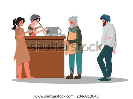 Poor man and woman stand in line to get food at shelter for homeless people, vagrants and beggars. cartoon flat vector illustration. 