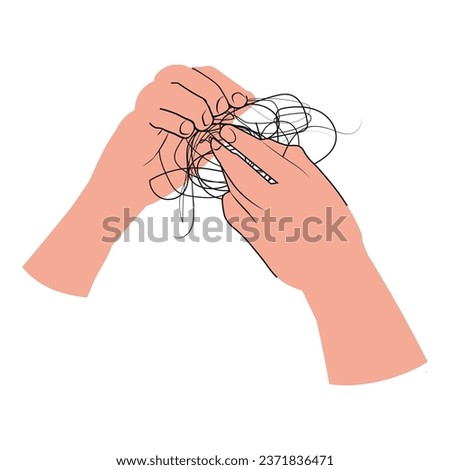 Two hands is holding hair falling out on the white background. The causes of hair loss in men or women because stressful events.