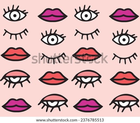 Seamless elegant pattern of open and closed eyes, lips, hearts.Vector