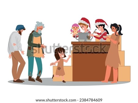 Christmas volunteer action, delivery of gifts and food to needy people. Homeless people. Vector illustration