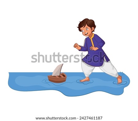 little indian boy playing with a little boat in a puddle of water. Child playing with a boat. vector illustration
