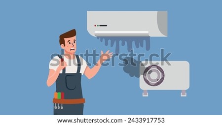 Air Conditioner unit system breakdown, damage after neglecting a regular maintenance. Repair technician in trouble, puzzled with broken ac, split system problem. Vector flat style cartoon illustration