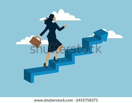 Career success for woman or female leadership, goal achievement and business challenge or gender equality concept, confidence businesswoman take small step walking up staircase with arrow pointing up.