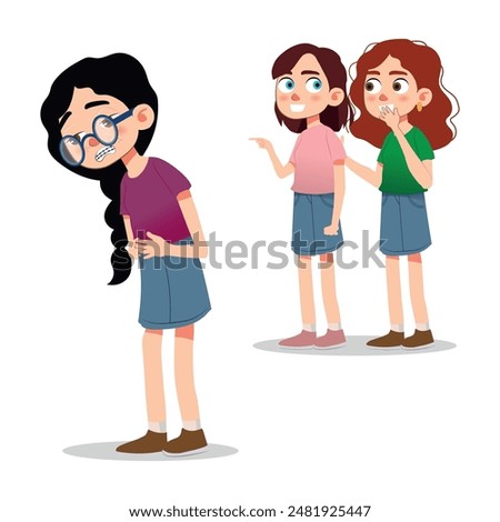 Girls bullying their school friend, little girl suffering exclusion from her friends. vector illustration.