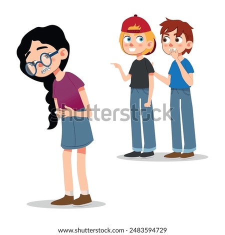 Boys bullying their friend at school, girls suffering exclusion from their friends. vector illustration.