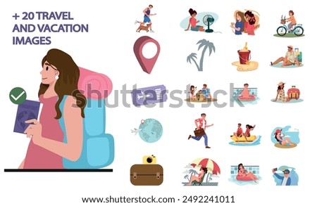 Summer vacation illustration set. Scenes with people carrying out outdoor activities in summer. sunbathing, swimming, walking. Vector illustration.