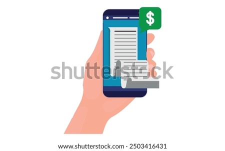 Smartphone receipt bill. Online billing check, bill check and payment receipts mobile notification. Shopping money slip, purchase tax transaction service flat vector illustration.