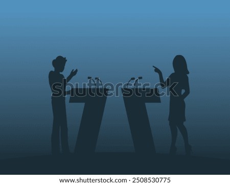 man and woman debating, Concept of political debate with two candidates behind their desks, who are fighting for leadership and gaining power, calling on voters to vote for them.