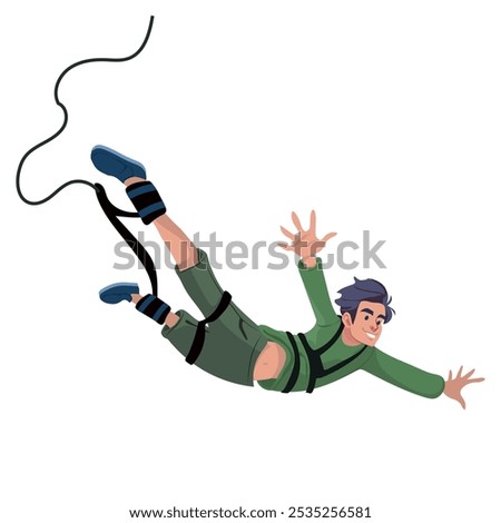 Man tied with elastic rope falling down after bungee jump. Happy jumper fly after extreme bungy leap with cord. Flat vector illustration of person during free fall isolated on white background.