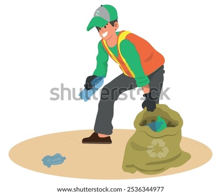 Cleaning Service Concept. Janitor Male Character Street Cleaner Pick Up Trash and Garbage on Beach City Park and Put into Litter Bin Isolated on White Background. Cartoon People Vector Illustration.