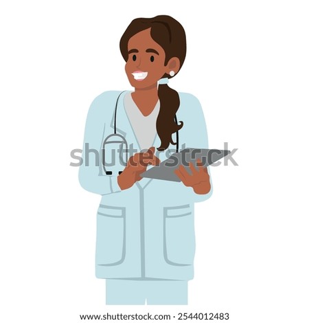 Confident female doctor using digital tablet, healthcare professional smiling. vector illustration