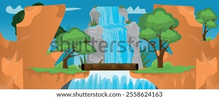 Log bridge between mountains above cliff in rocky peaks landscape with waterfall and trees background. Beautiful landscape nature view, beam bridge connecting rocky edges, cartoon vector illustration.