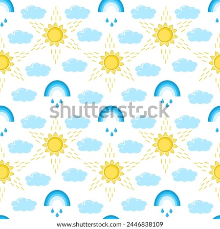 Vector seamless pattern with rainbow and sun among clouds on white background