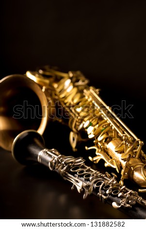Classic music Sax tenor saxophone and clarinet in black background