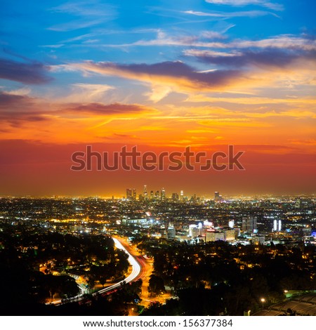 Downtown LA night Los Angeles sunset skyline California from high view