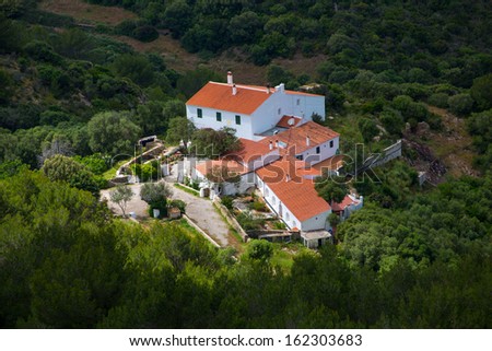 Menorca traditional Mediterranean houses aerial view from Pico del Toro