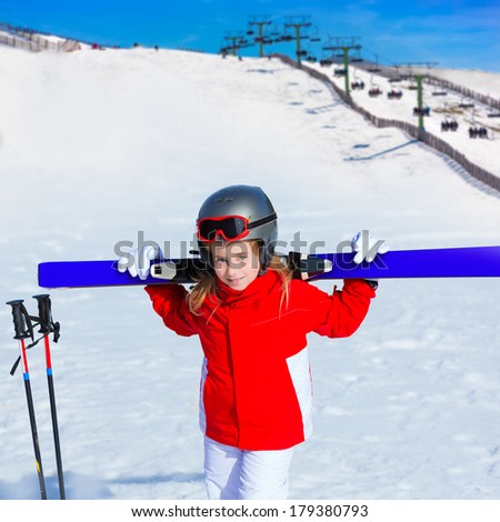 Kid girl winter snow holding ski equipment helmet goggles poles [photo illustration]