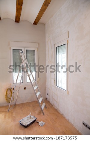 House indoor improvements plater tools and ladder in real situation