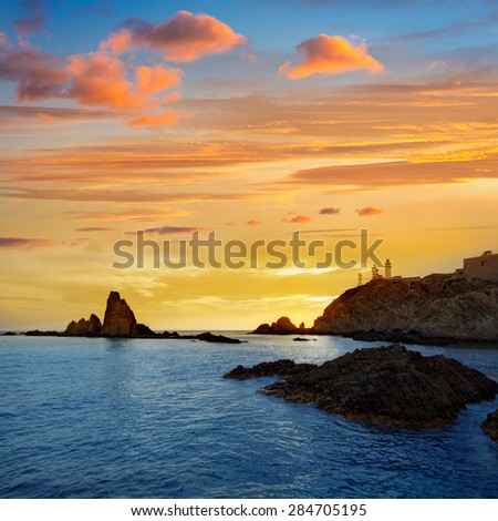 Almeria Cabo de Gata lighthouse sunset in Mediterranean sea of Spain