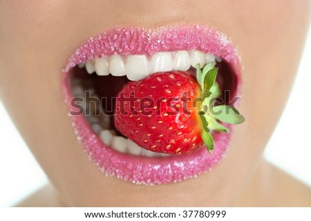 Delicious Strawberry Fruit In Pink Woman Mouth And Teeth Stock Photo ...