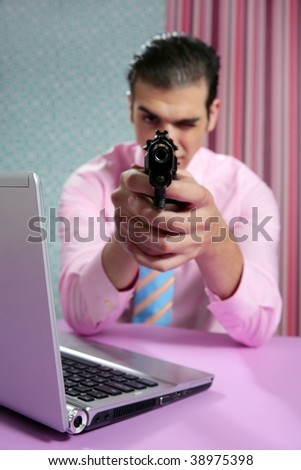 Businessman point his handgun to camera, wallpaper background
