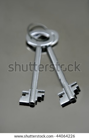 Silver pair of keys over mirror stainless steel real state concept