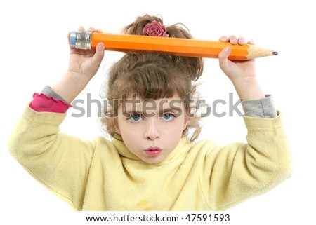 Little girl serious with big pencil in hand over white background