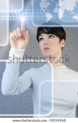 futuristic businesswoman finger touch pad keyboard digital light screen world map [Photo Illustration]