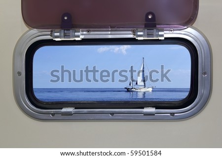 Boat porthole sailboat view blue ocean sea sky horizon [Photo Illustration]