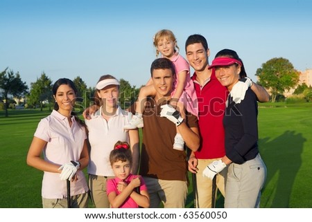 Golf course group of friends people with children posing standing