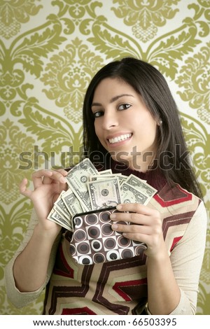 retro purse dollar woman smiling on vintage green wallpaper