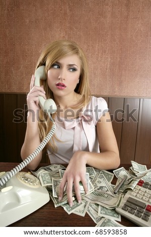 ambition retro woman lots of dollar money notes vintage office