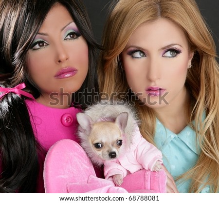 fashion doll women with chihuahua dog pink 1980s style