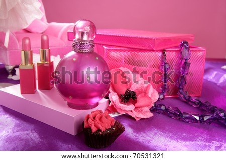 barbie style fashion makeup vanity dressing table pink and purple still photo