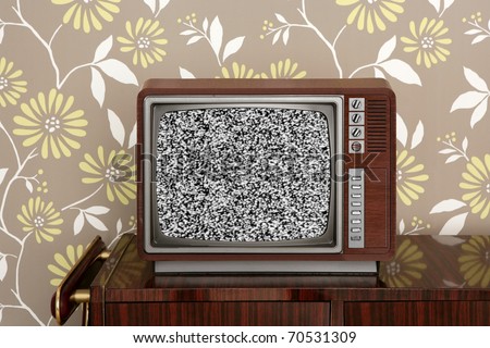 retro wooden tv on wooden vintage  furniture floral wallpaper [Photo Illustration]