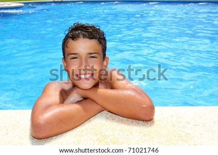 boy happy teenager vacation swimming pool blue water portrait