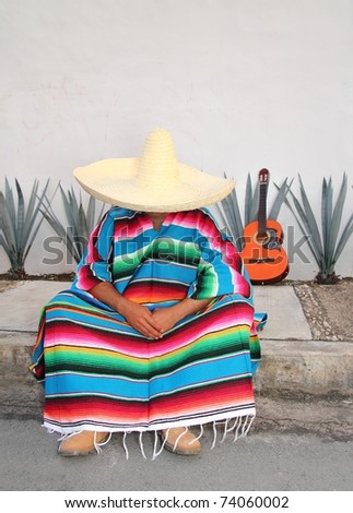 Mexican lazy man sit serape agave guitar nap siesta typical topic